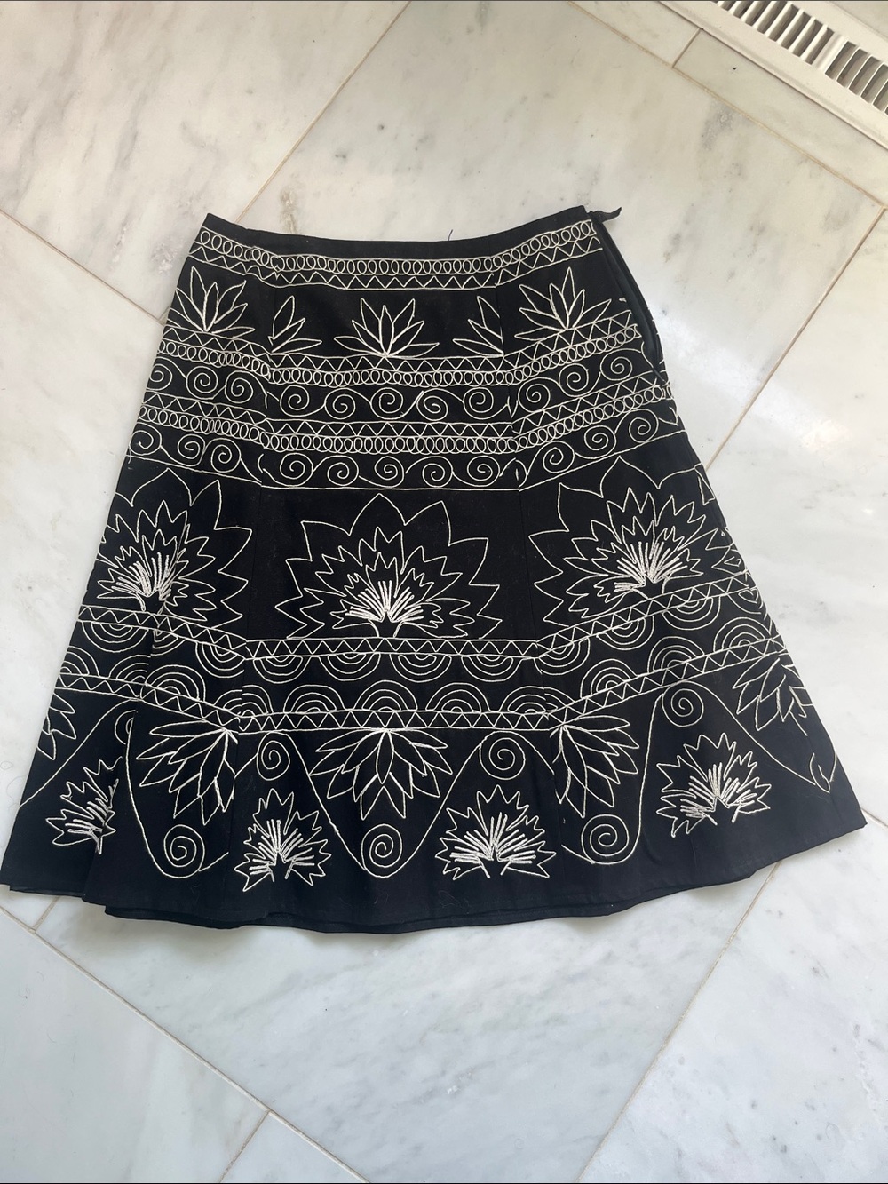 Talbots Black A-Line Skirt with White Embroidered Floral Motif, 2
